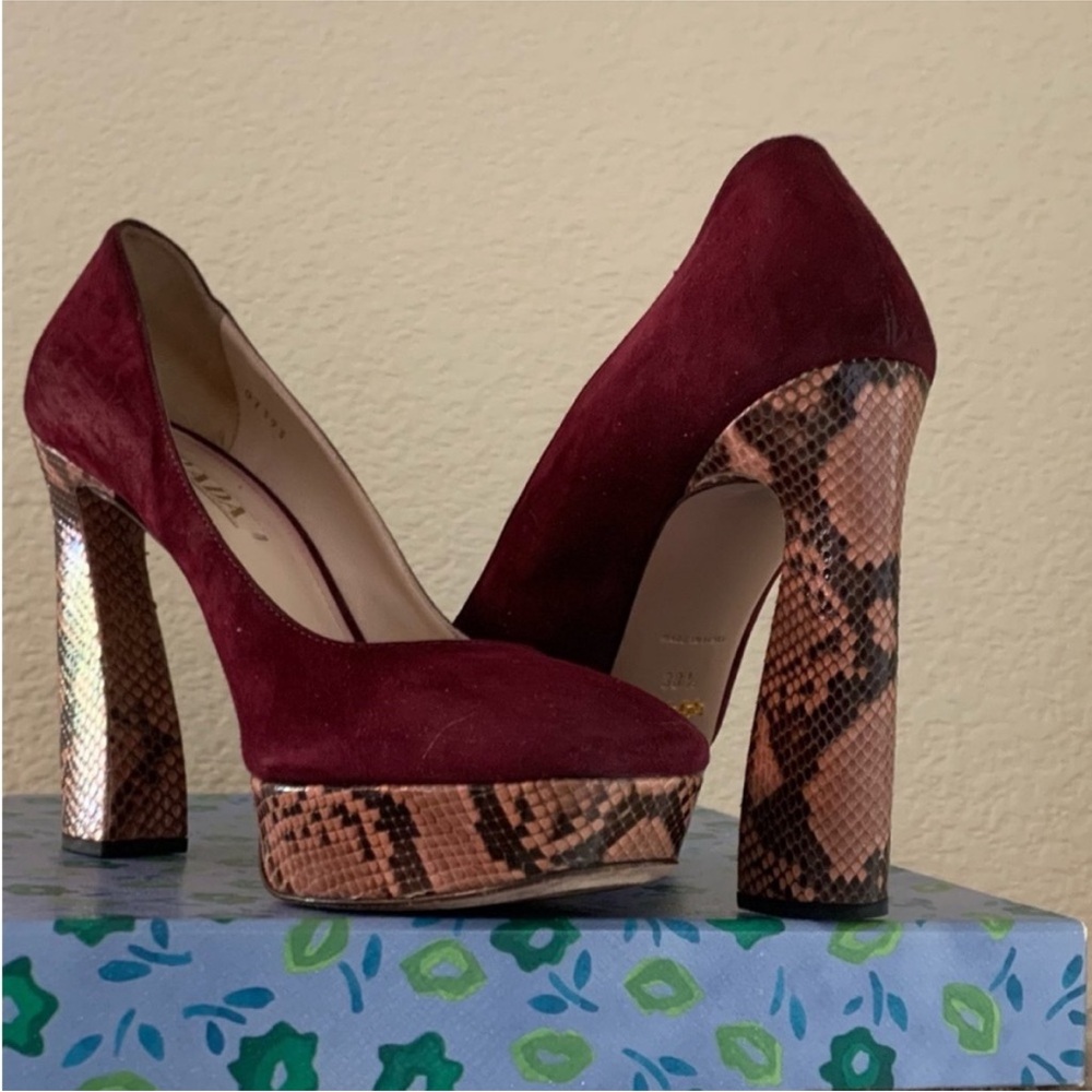 Prada Maroon Suede Heels with Snakeskin Pattern - Picture 3 of 11
